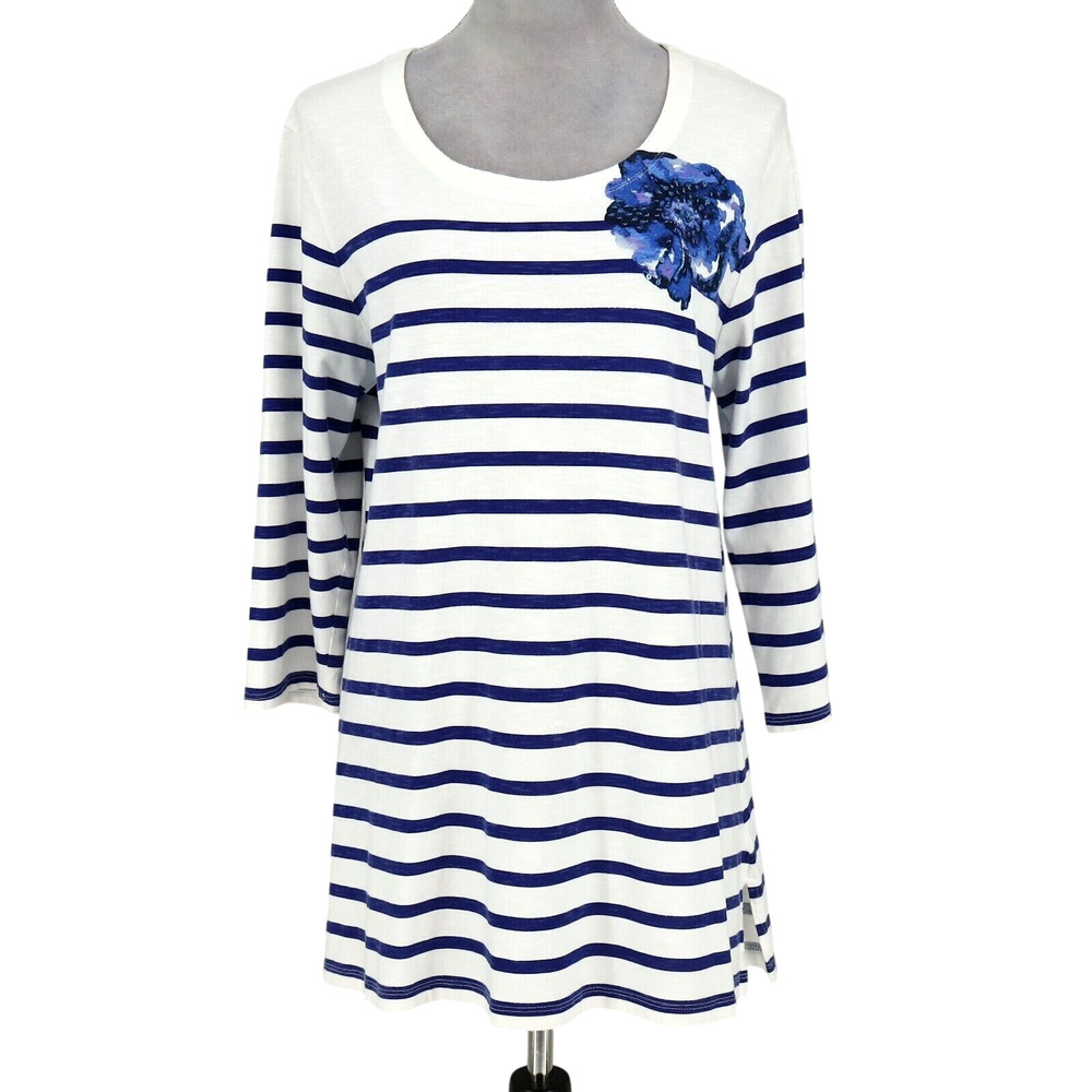 Coldwater Creek Top Womens Large 14 White Blue Stripe Floral T-shirt Sequins